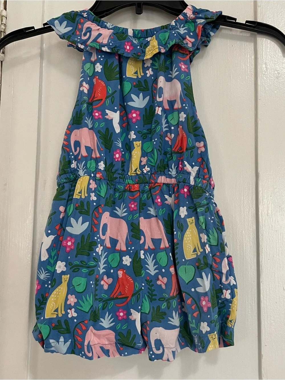 Boden Girls' Blue Jungle Animal Print Romper with Neon Drawstring 2-3 years